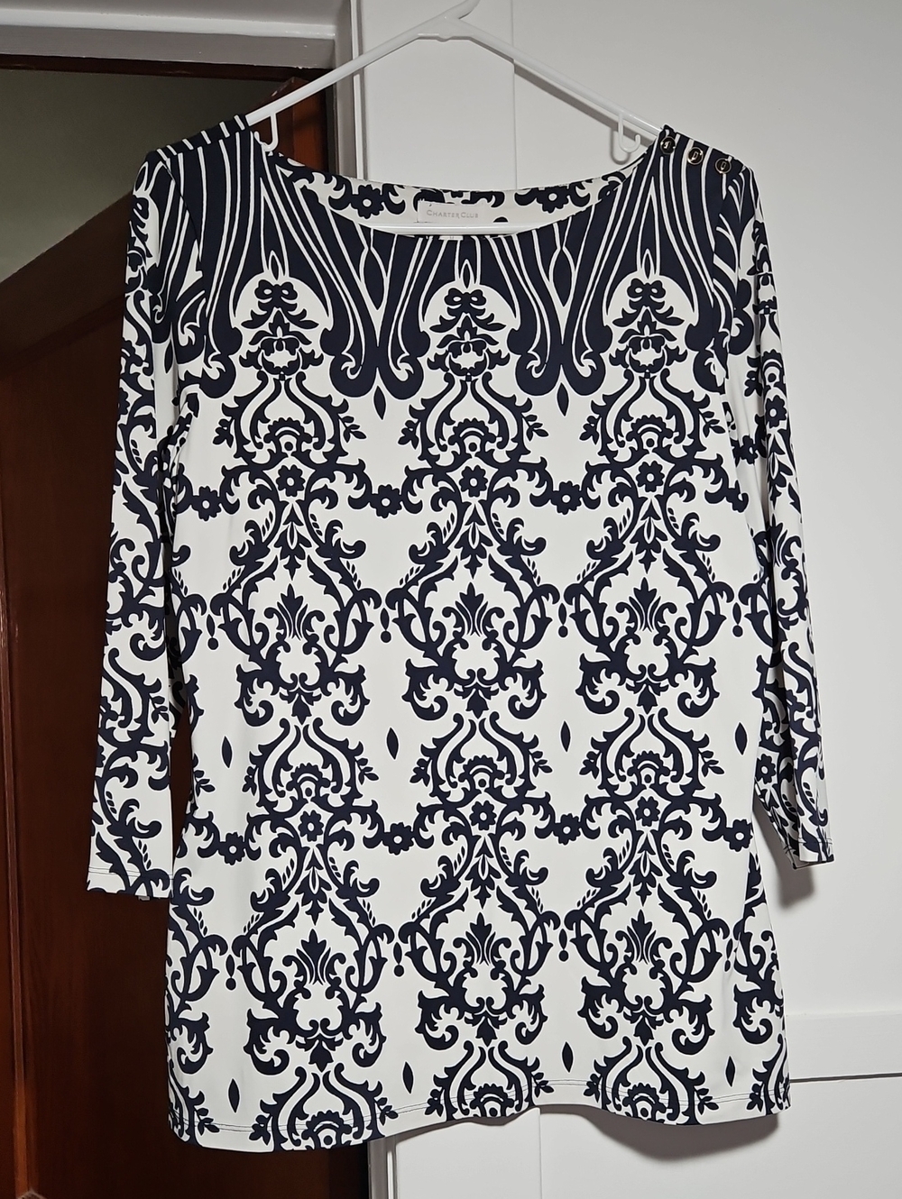 Charter Club Stretchy Navy Blue & White 3/4 Sleeve Blouse Top Size M EUC